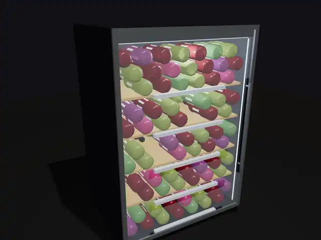 The 3D cabinet turning, its glass door swinging open and a shelf sliding out with its bottles