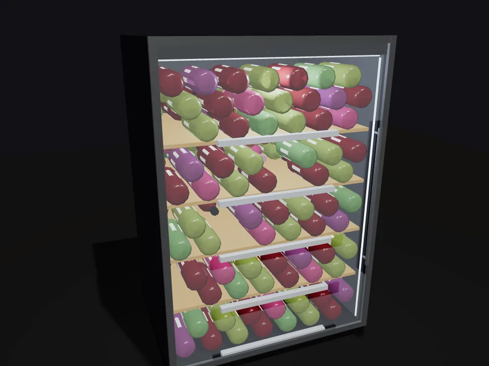 A wine cabinet in Cellarion, drawn in 3D with its glass door closed and its shelves loaded